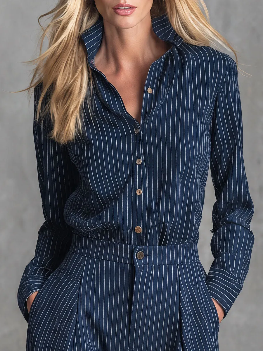 Stylish Retro Blue Striped Cotton Shirt And Trousers Set sold by Oyrosy product image thumbnail 5