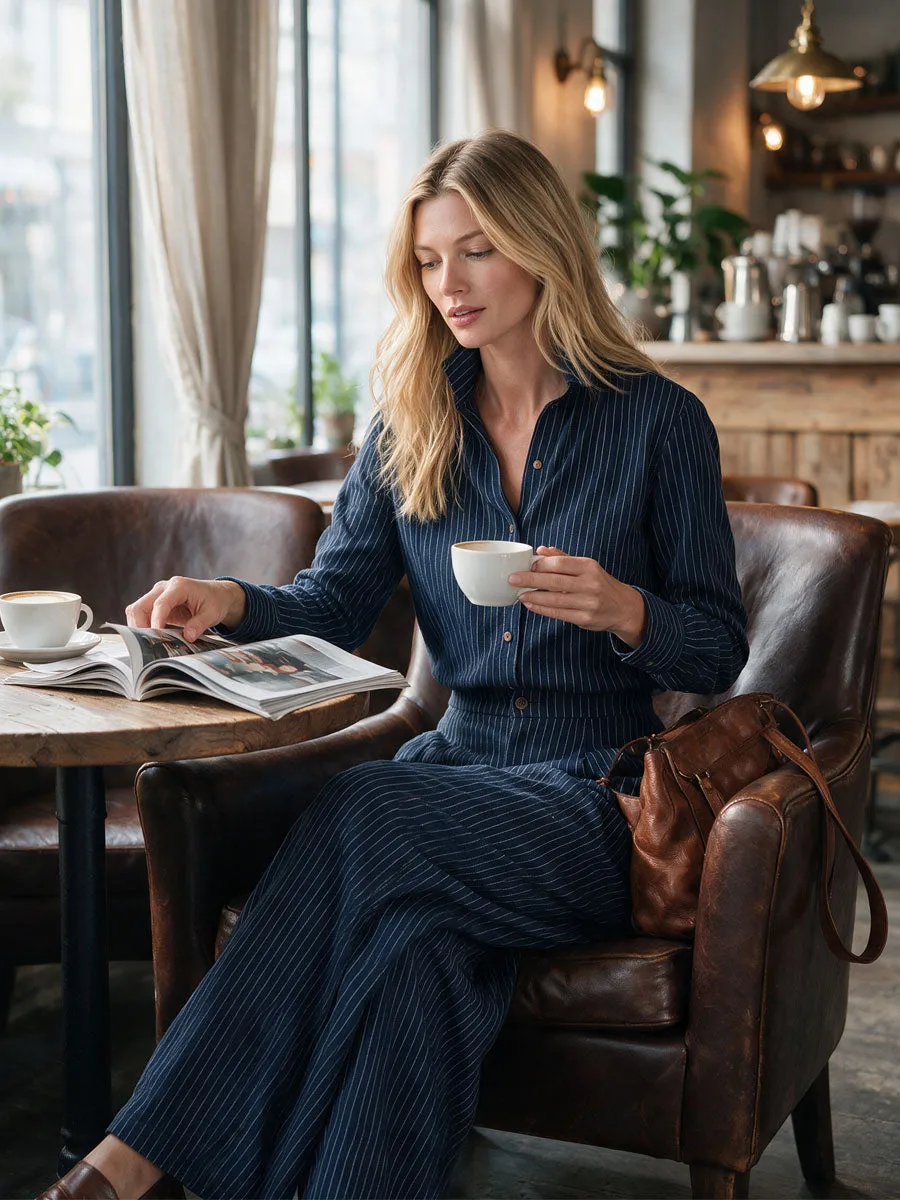 Stylish Retro Blue Striped Cotton Shirt And Trousers Set sold by Oyrosy product image thumbnail 3