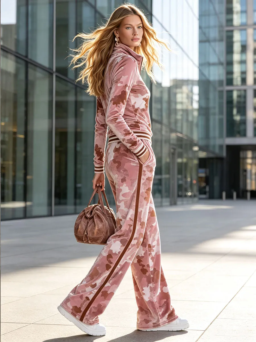 Casual Retro Half-Zip Pink Camouflage Sweatshirt And Pants Set sold by Oyrosy product image thumbnail 5