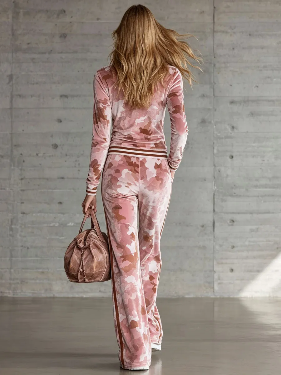 Casual Retro Half-Zip Pink Camouflage Sweatshirt And Pants Set sold by Oyrosy product image thumbnail 4