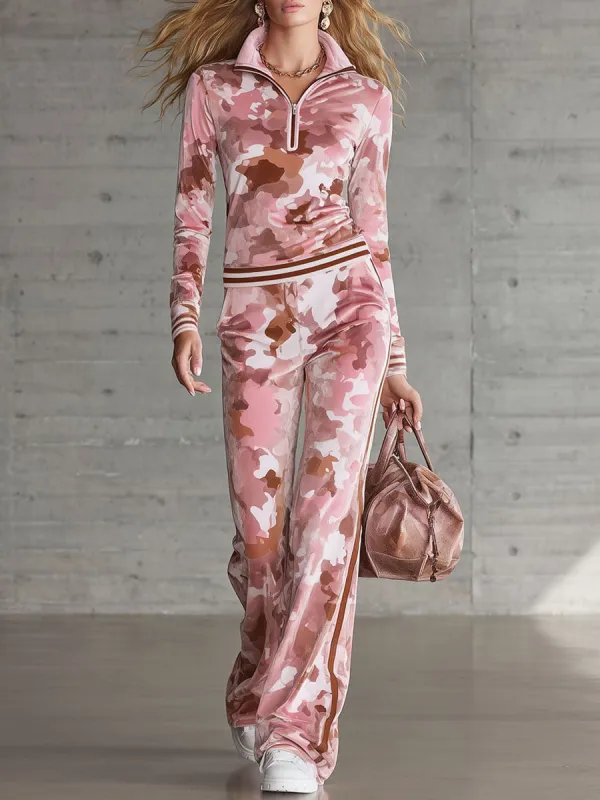 Casual Retro Half-Zip Pink Camouflage Sweatshirt And Pants Set made by Oyrosy
