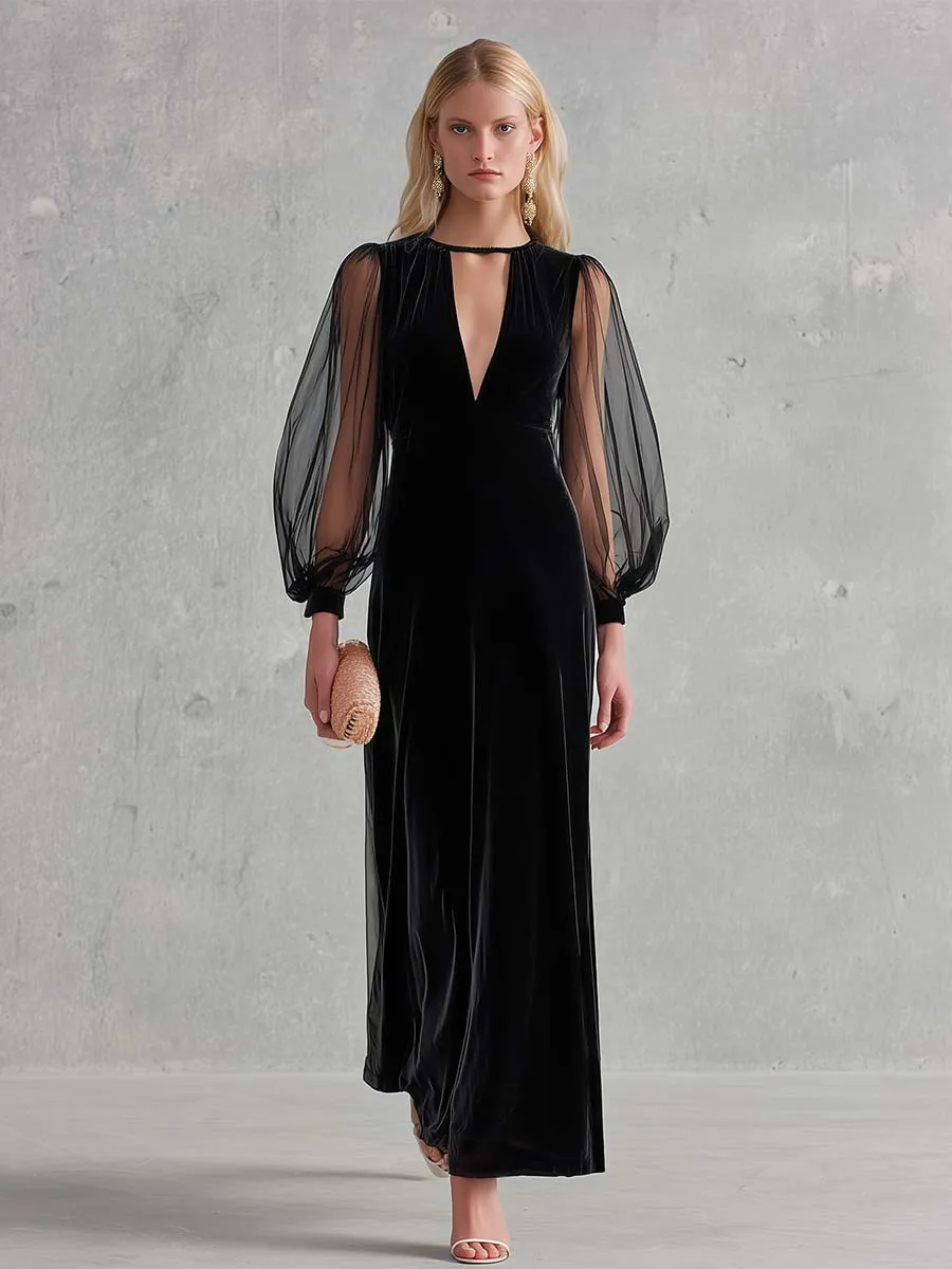 Elegant Black Velvet Mesh-Sleeve Keyhole Deep-V Long-Sleeve Maxi Dress sold by Oyrosy product image thumbnail 4