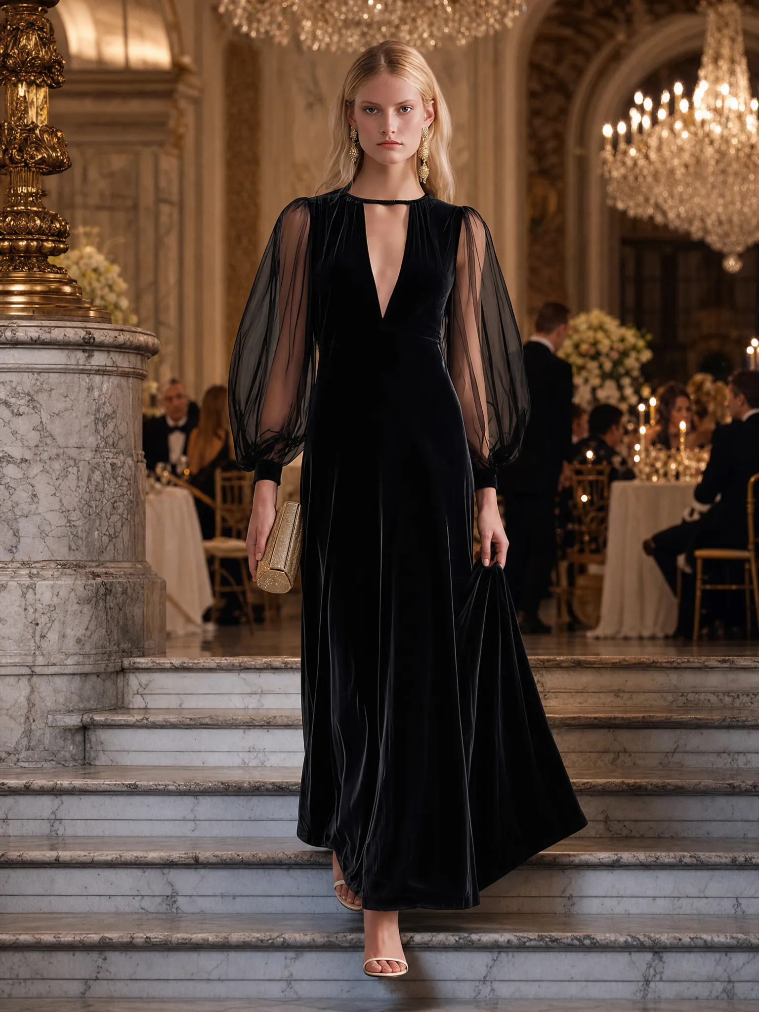 Elegant Black Velvet Mesh-Sleeve Keyhole Deep-V Long-Sleeve Maxi Dress sold by Oyrosy product image thumbnail 3