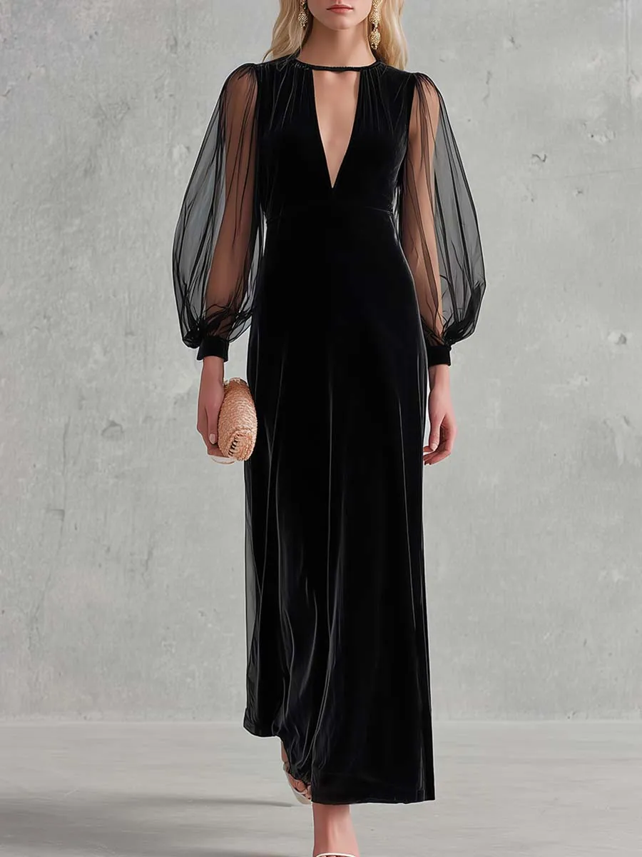 Elegant Black Velvet Mesh-Sleeve Keyhole Deep-V Long-Sleeve Maxi Dress sold by Oyrosy