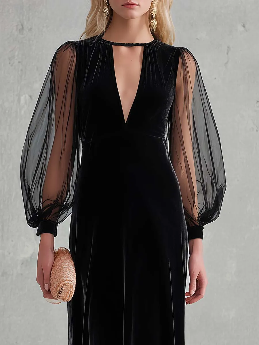 Elegant Black Velvet Mesh-Sleeve Keyhole Deep-V Long-Sleeve Maxi Dress sold by Oyrosy product image thumbnail 5