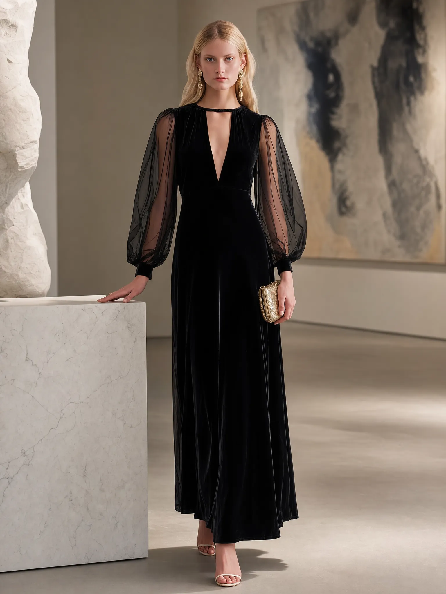 Elegant Black Velvet Mesh-Sleeve Keyhole Deep-V Long-Sleeve Maxi Dress sold by Oyrosy product image thumbnail 2