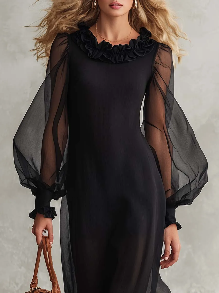 Elegant Black Sheer Mesh Ruffle-Neck Long-Sleeve Cotton-Lined Maxi Dress sold by Oyrosy product image thumbnail 4