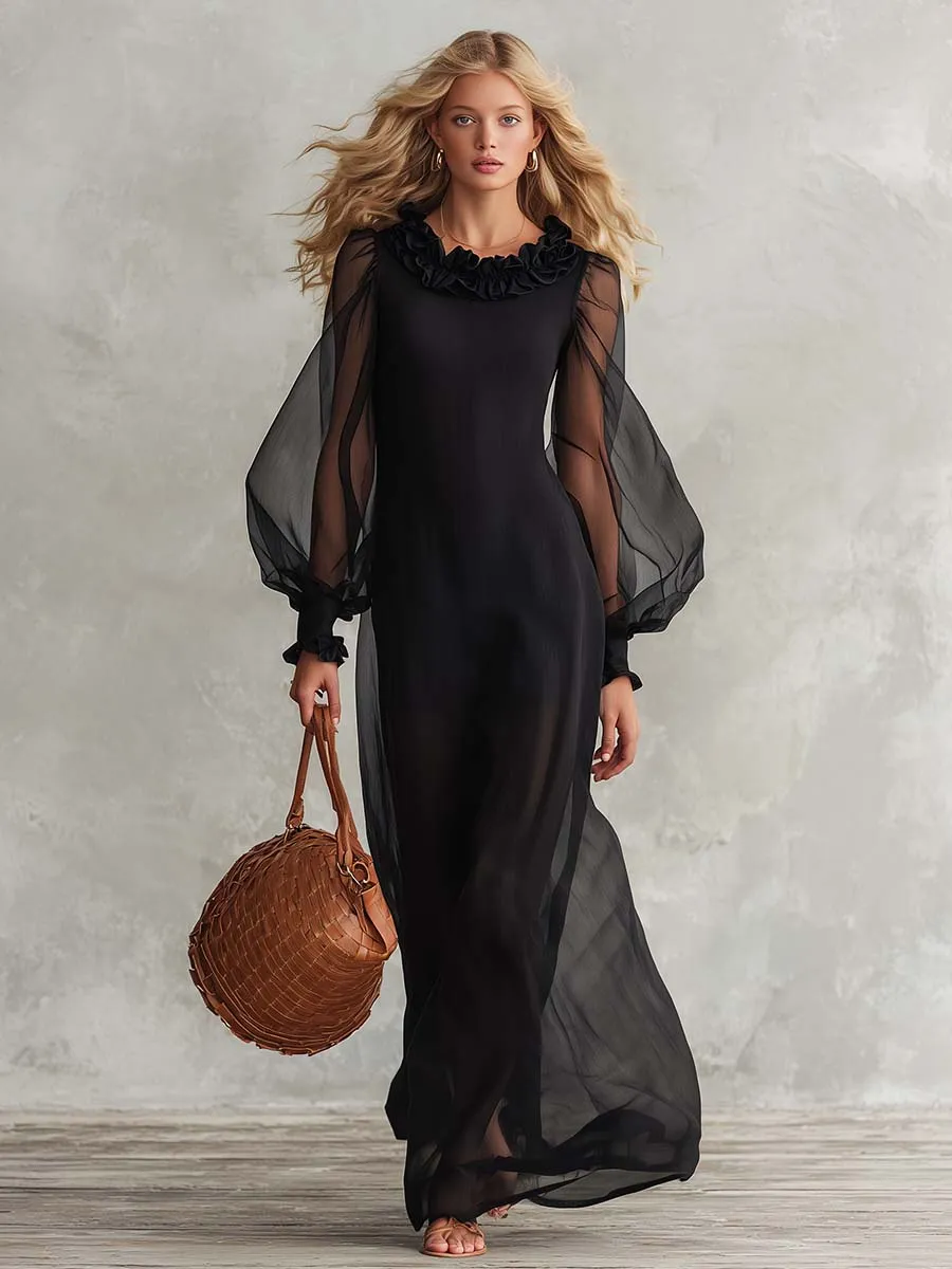 Elegant Black Sheer Mesh Ruffle-Neck Long-Sleeve Cotton-Lined Maxi Dress sold by Oyrosy product image thumbnail 3
