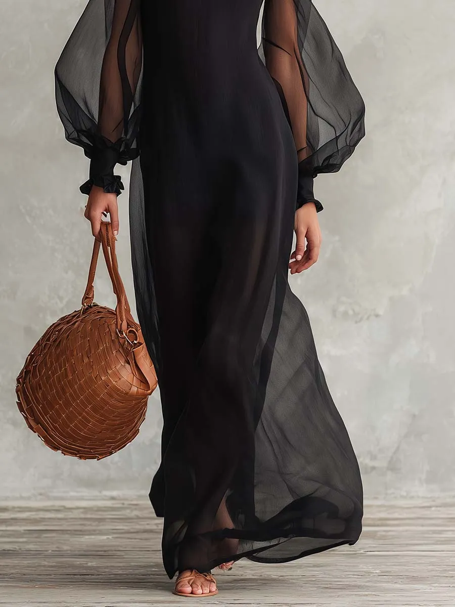 Elegant Black Sheer Mesh Ruffle-Neck Long-Sleeve Cotton-Lined Maxi Dress sold by Oyrosy product image thumbnail 5