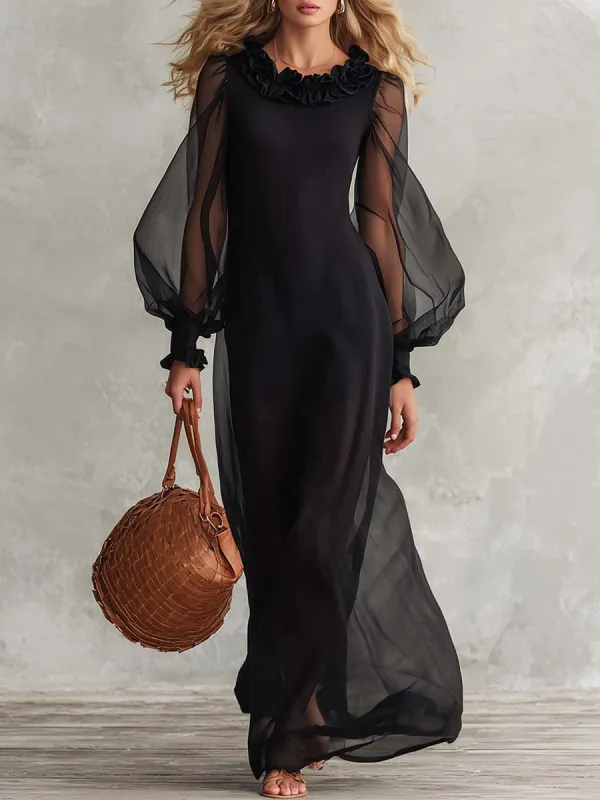 Elegant Black Sheer Mesh Ruffle-Neck Long-Sleeve Cotton-Lined Maxi Dress made by Oyrosy