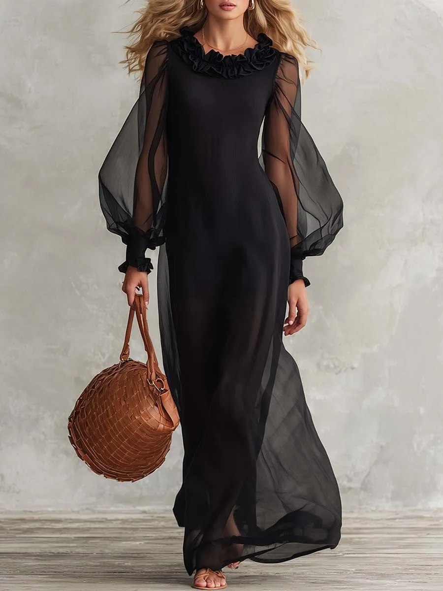 Elegant Black Sheer Mesh Ruffle-Neck Long-Sleeve Cotton-Lined Maxi Dress sold by Oyrosy