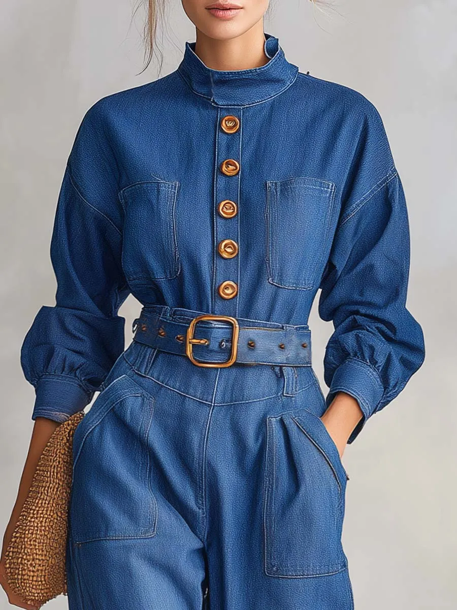 Retro Utility Denim Button-Front Belted Long-Sleeve Cuffed Jumpsuit With Pockets sold by Oyrosy product image thumbnail 4
