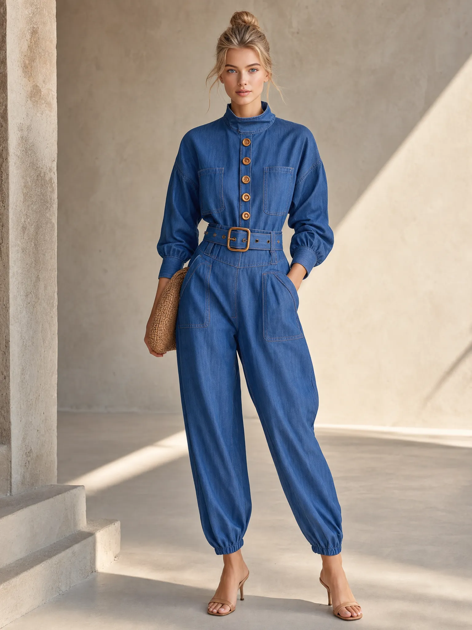 Retro Utility Denim Button-Front Belted Long-Sleeve Cuffed Jumpsuit With Pockets sold by Oyrosy product image thumbnail 3