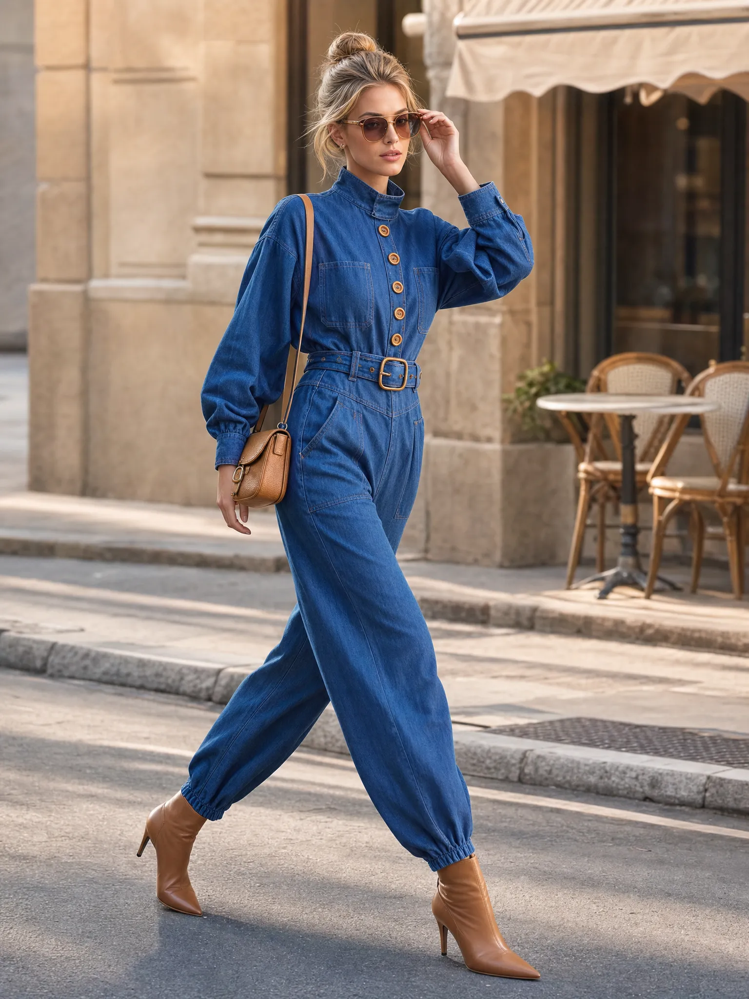 Retro Utility Denim Button-Front Belted Long-Sleeve Cuffed Jumpsuit With Pockets sold by Oyrosy product image thumbnail 2