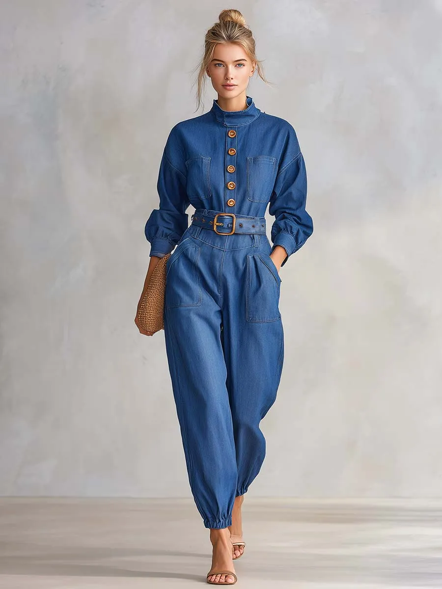 Retro Utility Denim Button-Front Belted Long-Sleeve Cuffed Jumpsuit With Pockets sold by Oyrosy product image thumbnail 5