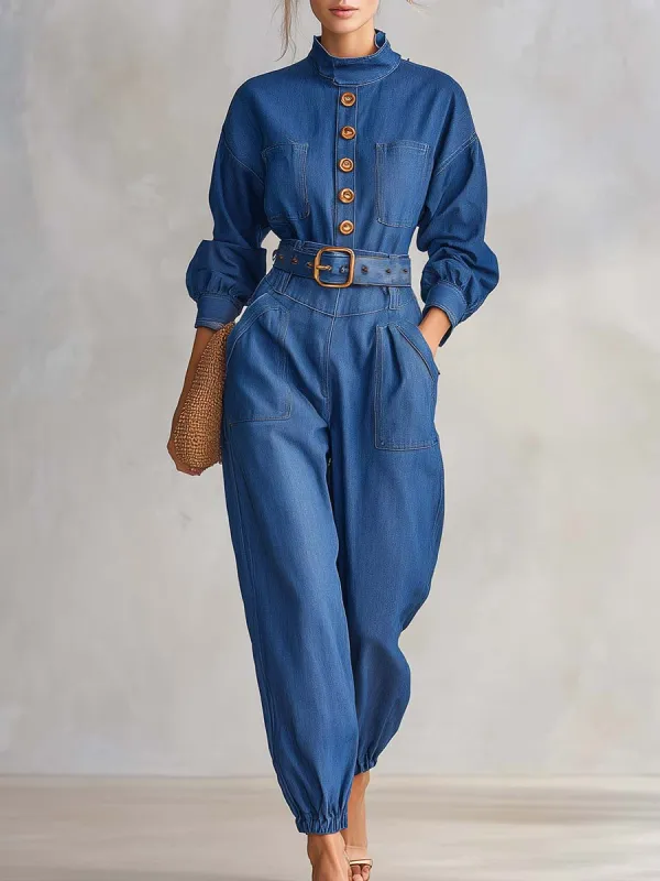 Retro Utility Denim Button-Front Belted Long-Sleeve Cuffed Jumpsuit With Pockets made by Oyrosy