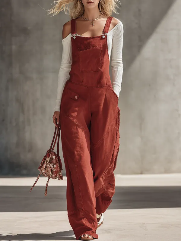 Retro Workwear Adjustable-strap Fringe Distressed Wide-leg Overalls made by Oyrosy
