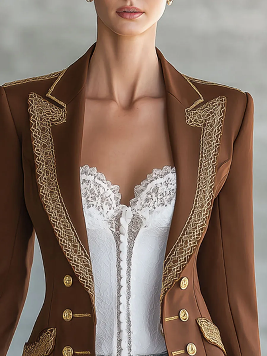 Simple And Elegant Gold-threaded Brown Blazer sold by Oyrosy product image thumbnail 5