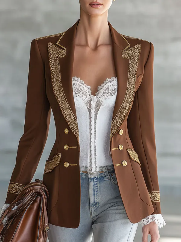 Simple And Elegant Gold-threaded Brown Blazer made by Oyrosy