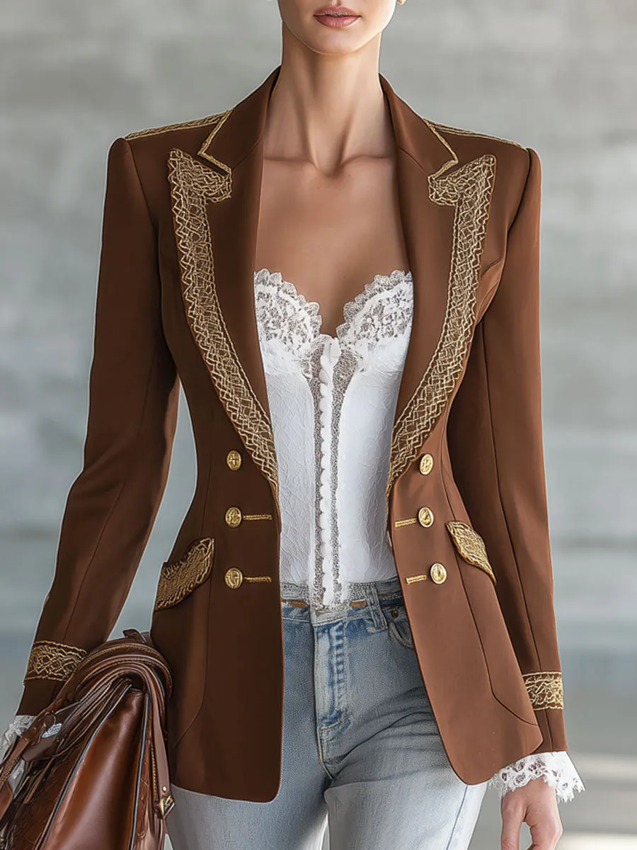 Simple And Elegant Gold-threaded Brown Blazer sold by Oyrosy