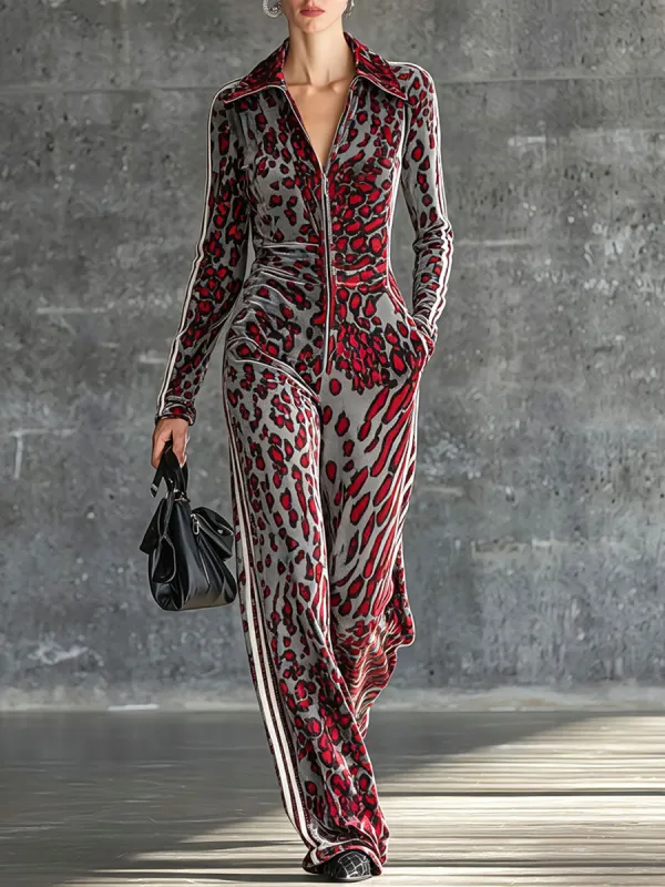 Casual Retro Striped Abstract Leopard Print Long-Sleeved Velvet Jumpsuit made by Oyrosy