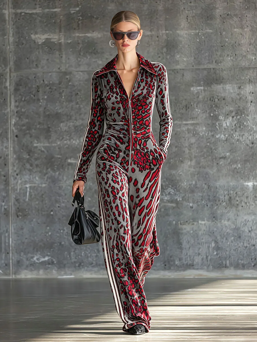 Casual Retro Striped Abstract Leopard Print Long-Sleeved Velvet Jumpsuit sold by Oyrosy product image thumbnail 3