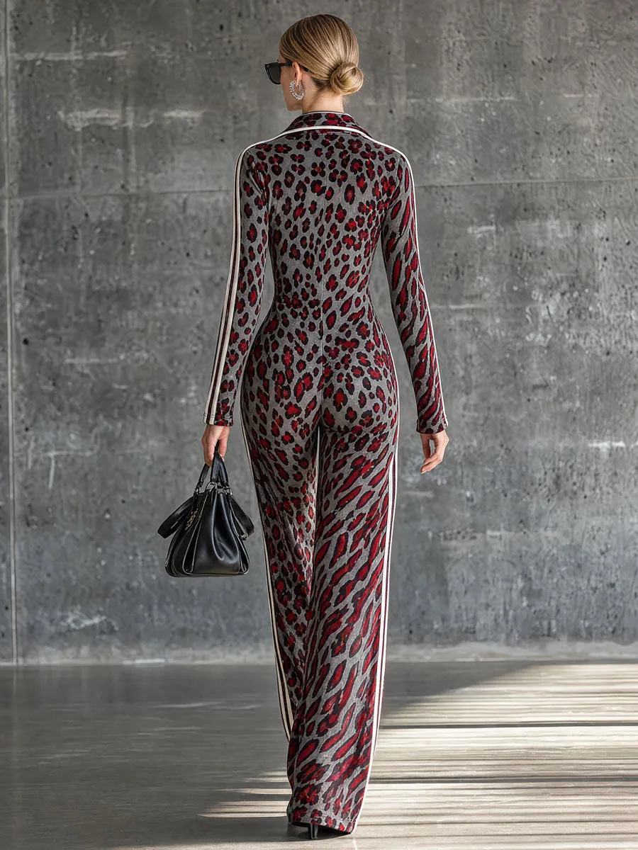 Casual Retro Striped Abstract Leopard Print Long-Sleeved Velvet Jumpsuit sold by Oyrosy product image thumbnail 4