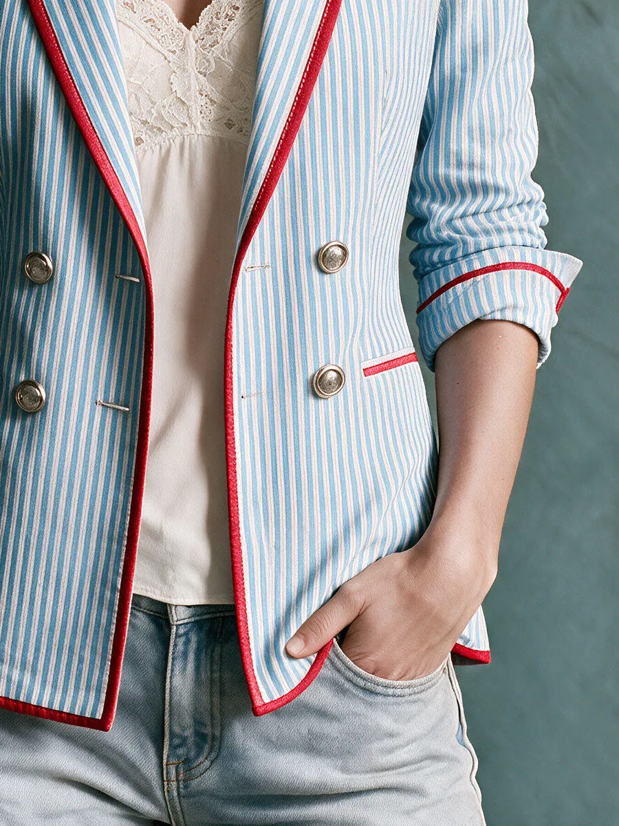 Retro-style Color-blocked Trim Blue Striped Double-breasted Cotton Blazer sold by Oyrosy product image thumbnail 5