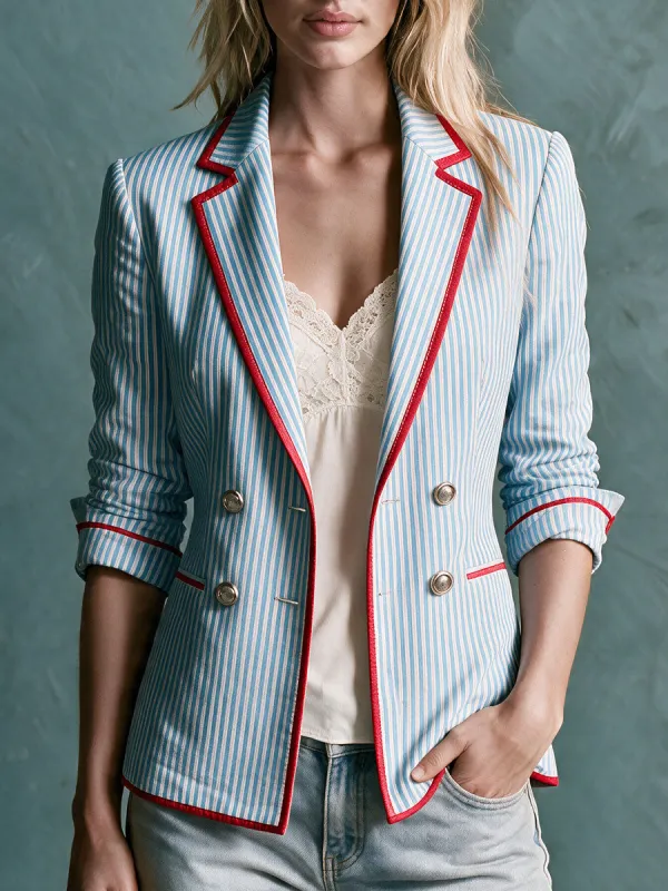 Retro-style Color-blocked Trim Blue Striped Double-breasted Cotton Blazer made by Oyrosy