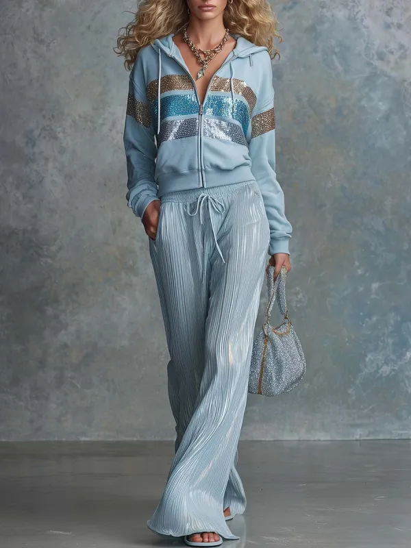 Blue Sequin-Stripe Zip Hoodie And Pleated Wide-Leg Pants Two-Piece Set made by Oyrosy