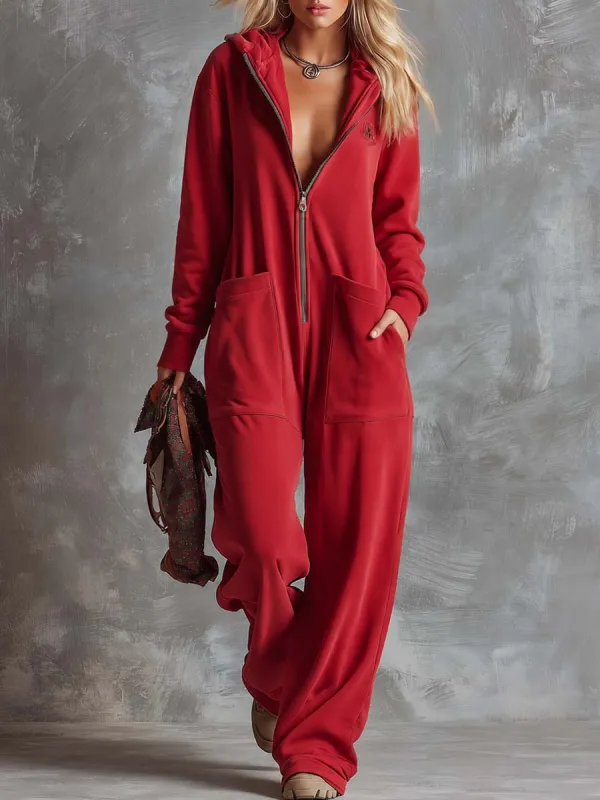 Retro Lazy Sporty Hooded V-neck Long-sleeved Front Zipper Raspberry Red Cotton Jumpsuit made by Oyrosy