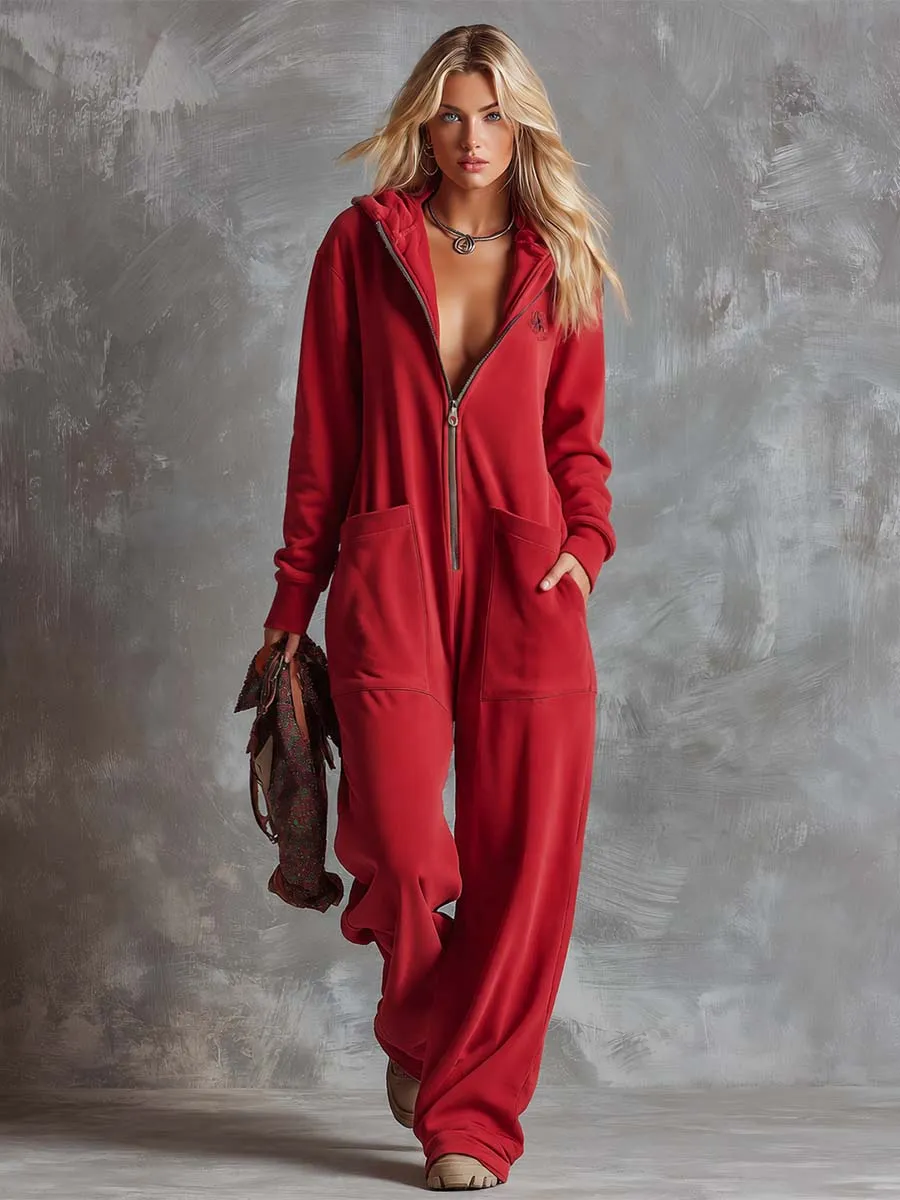 Retro Lazy Sporty Hooded V-neck Long-sleeved Front Zipper Raspberry Red Cotton Jumpsuit sold by Oyrosy product image thumbnail 5