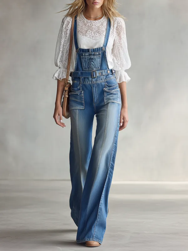 Retro Center-seam-paneled Multi-pocket Loose Wide-leg Denim Overalls made by Oyrosy
