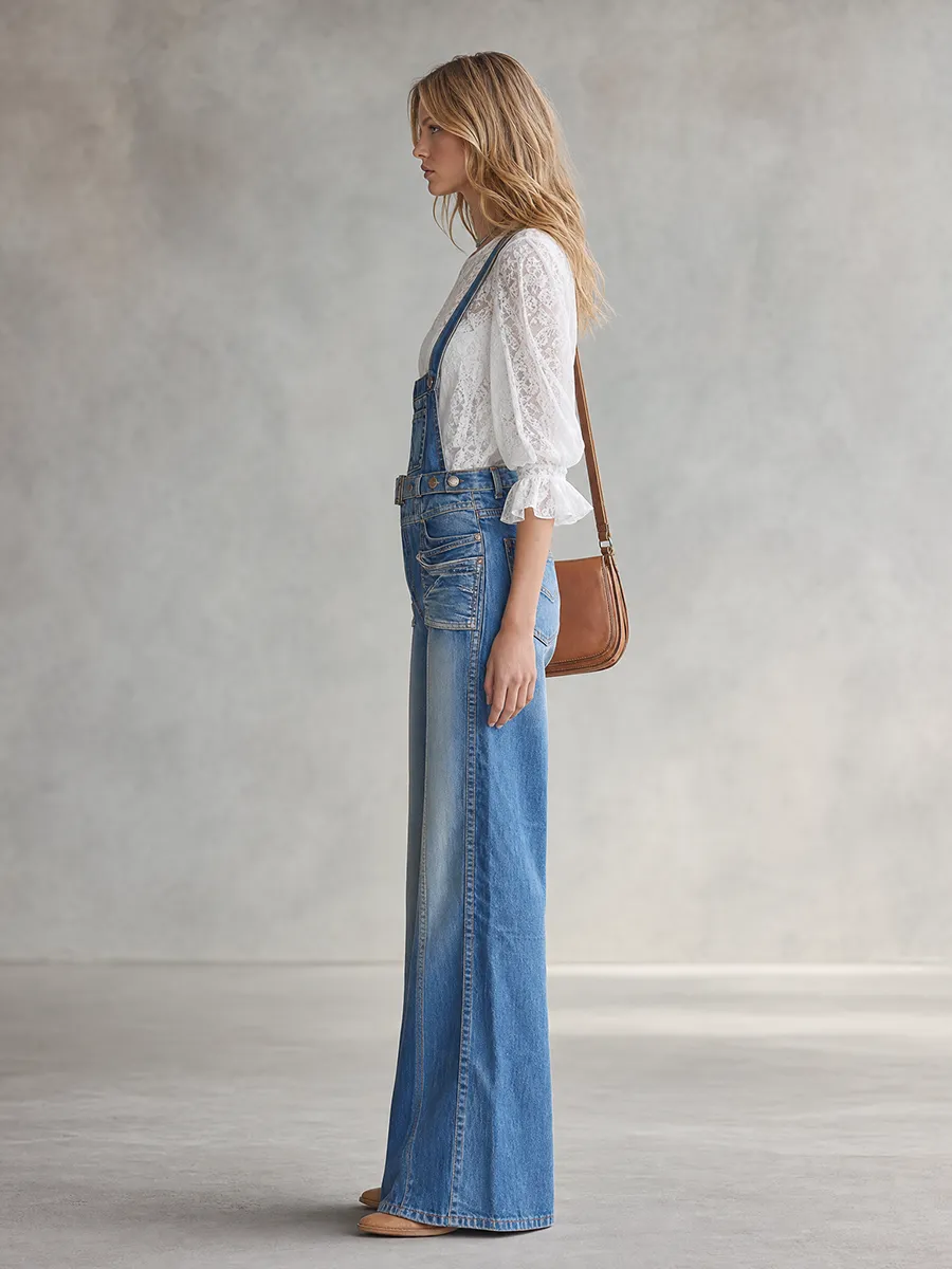 Retro Center-seam-paneled Multi-pocket Loose Wide-leg Denim Overalls sold by Oyrosy product image thumbnail 5