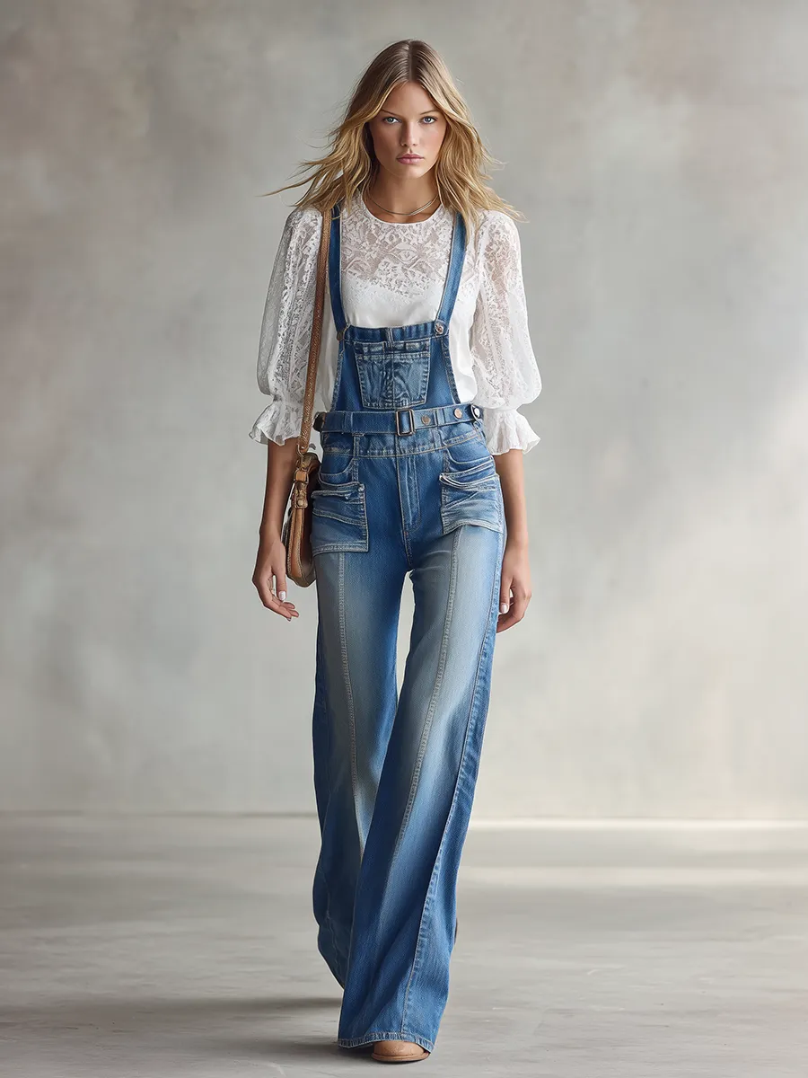Retro Center-seam-paneled Multi-pocket Loose Wide-leg Denim Overalls sold by Oyrosy product image thumbnail 4
