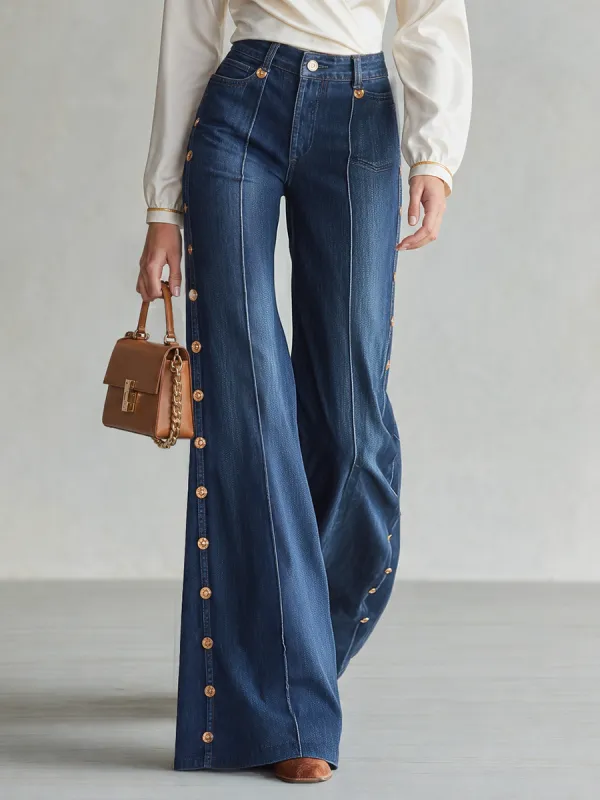 Retro Dark-blue High-waist Side-button Wide-leg Flare Jeans made by Oyrosy