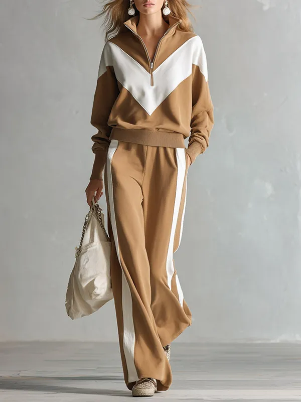 Women's Casual Color-Block Half-Zip Camel Sweatshirt and Wide-Leg Pants Cotton Set made by Oyrosy