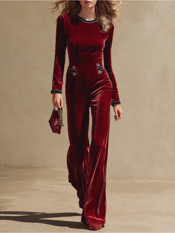 Retro-chic Velvet Jumpsuit With Blue Webbing Paneling made by Oyrosy