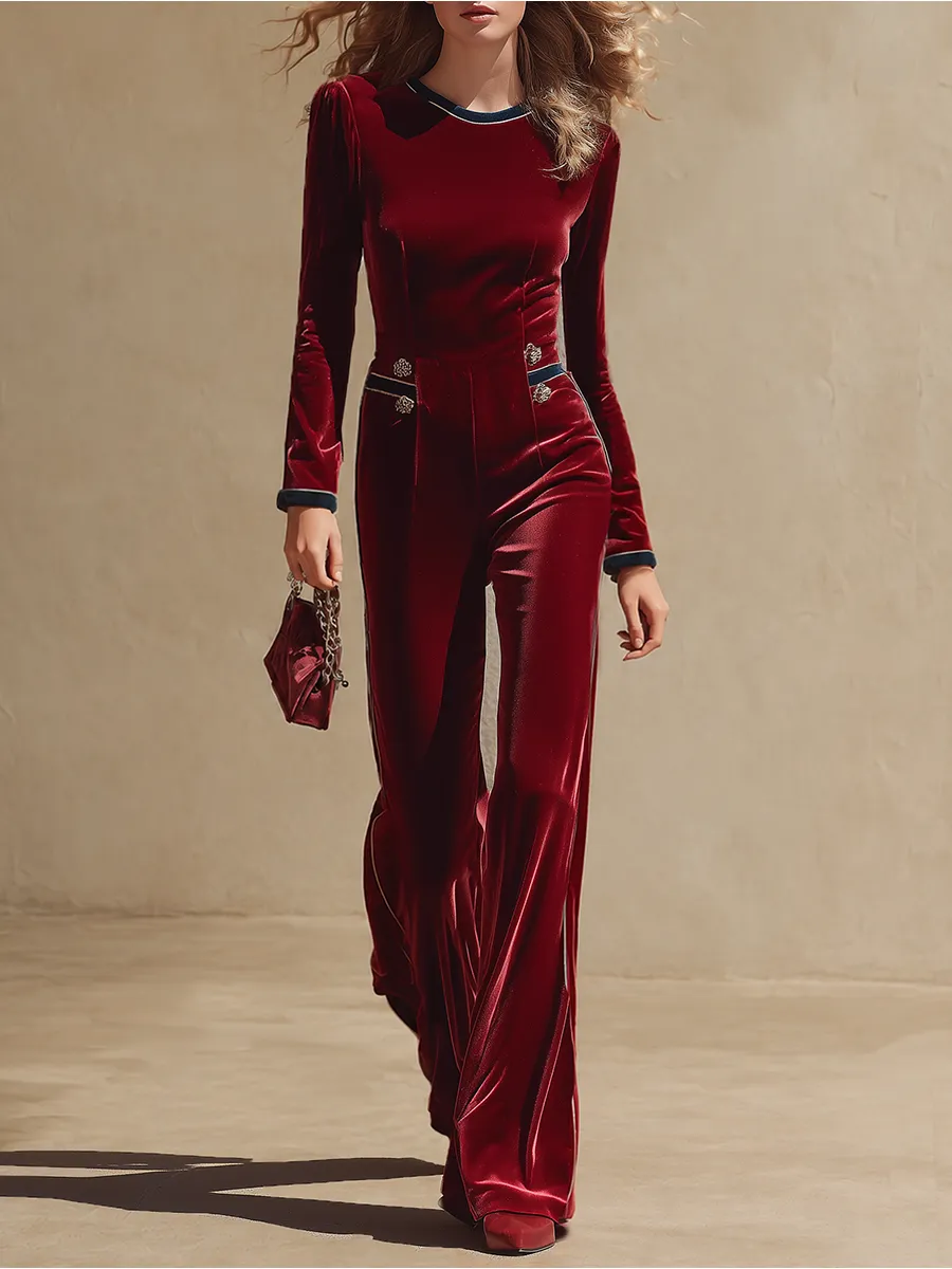 Retro-chic Velvet Jumpsuit With Blue Webbing Paneling sold by Oyrosy