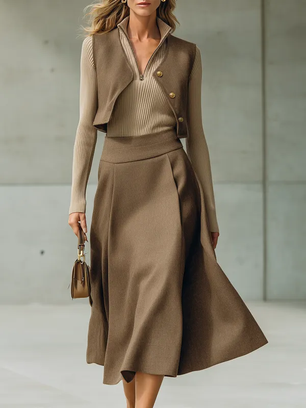 Retro-casual Elegant Suit-fabric Vest And Skirt Set made by Oyrosy