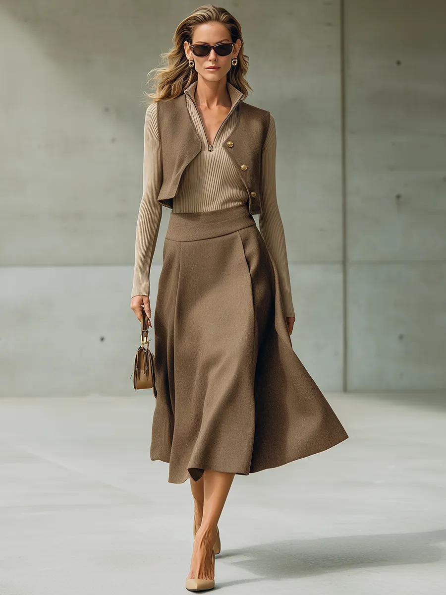 Retro-casual Elegant Suit-fabric Vest And Skirt Set sold by Oyrosy product image thumbnail 3