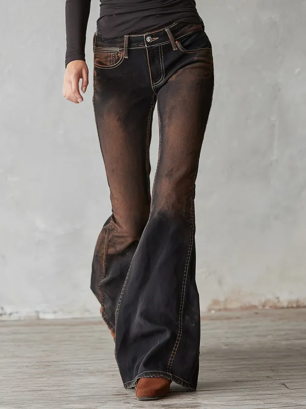 Vintage Black Distressed Wash Flared Jeans made by Oyrosy