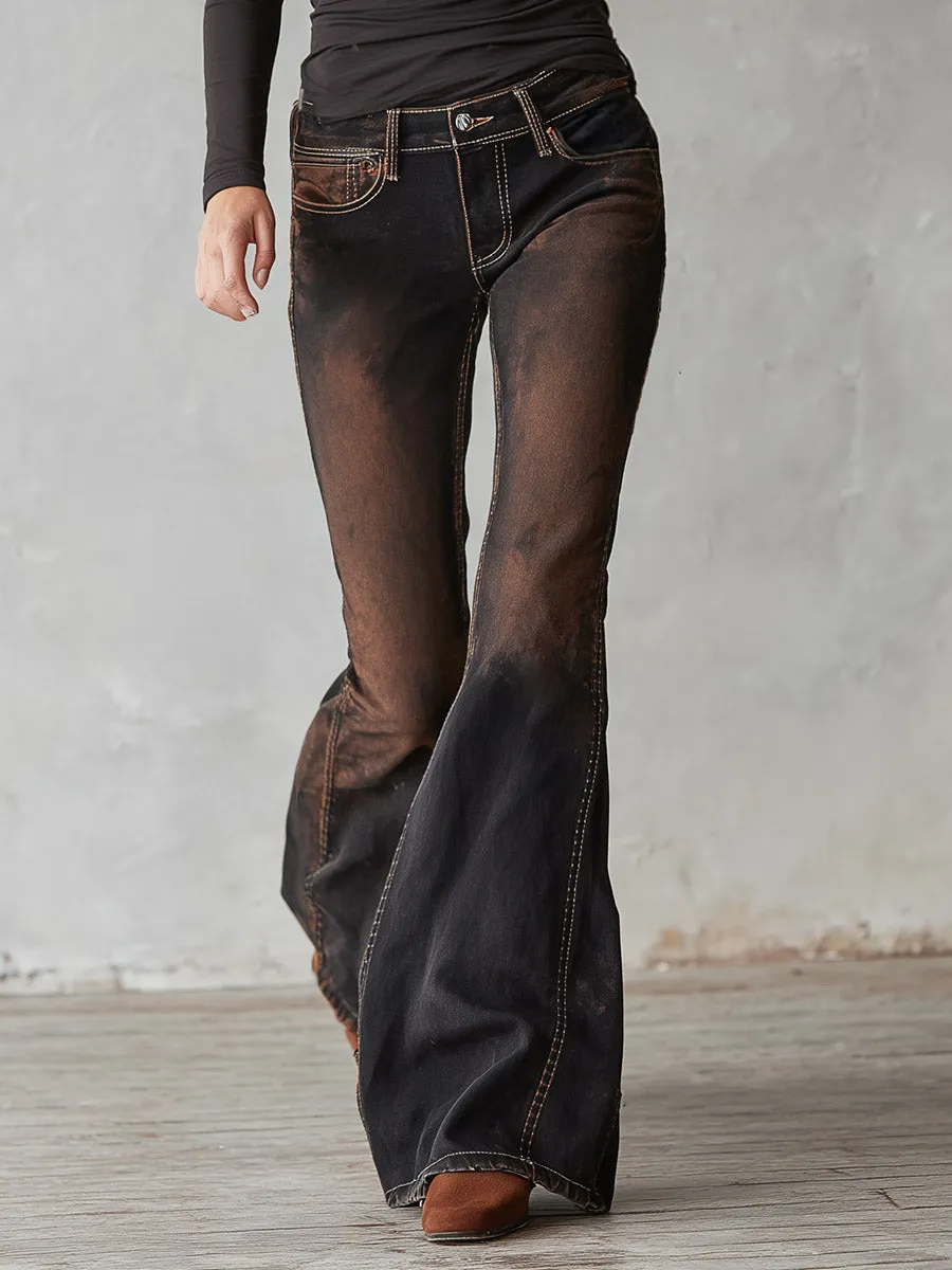 Vintage Black Distressed Wash Flared Jeans sold by Oyrosy