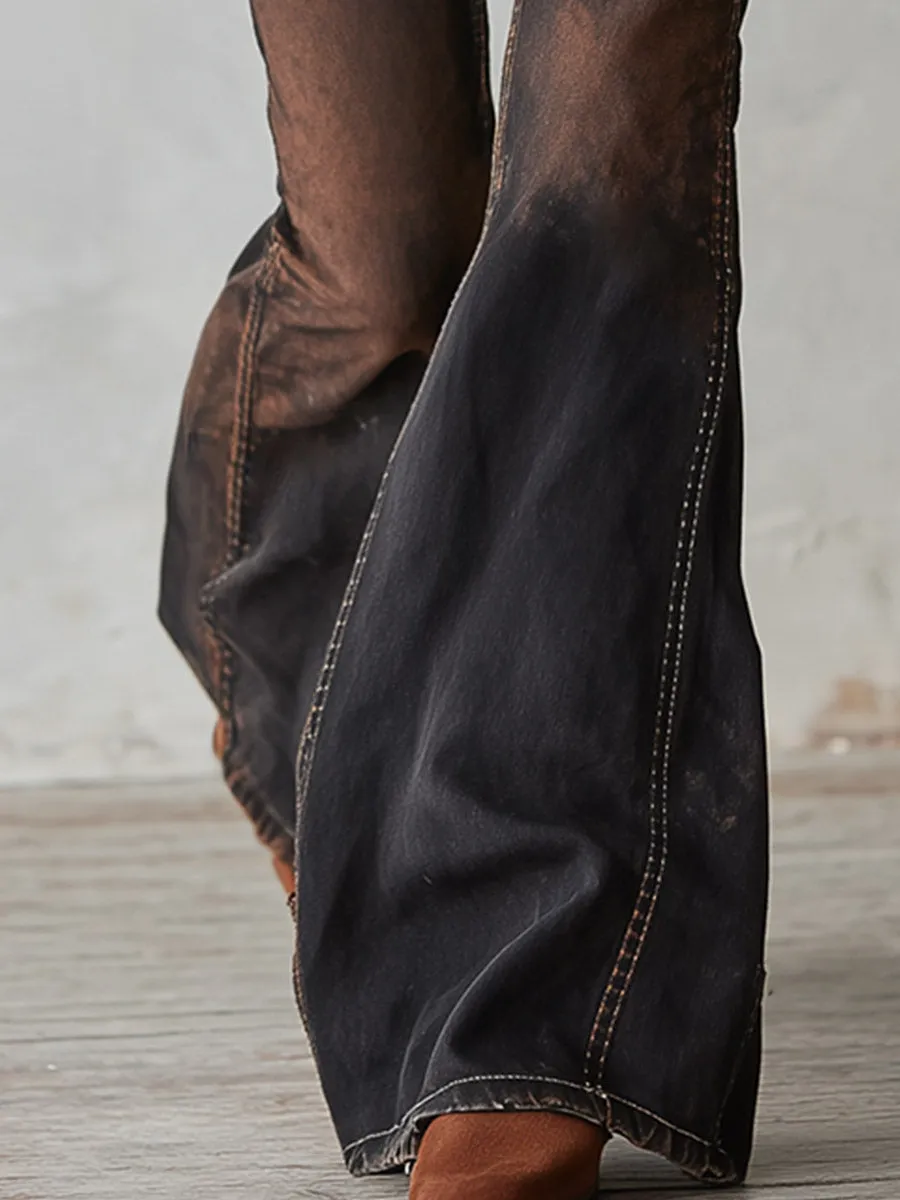 Vintage Black Distressed Wash Flared Jeans sold by Oyrosy product image thumbnail 5