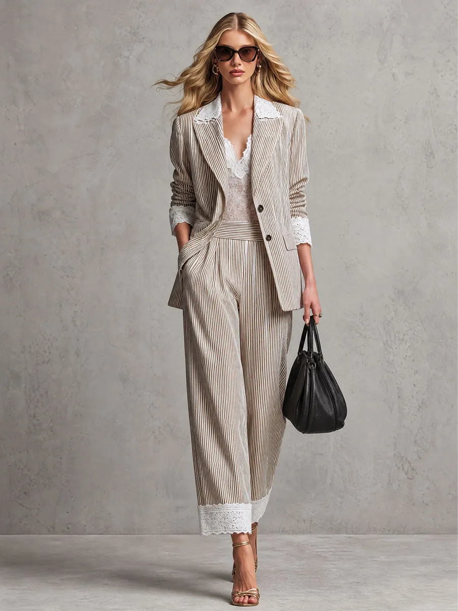 Vintage Lace Brown Striped Cotton-linen Blazer sold by Oyrosy product image thumbnail 3