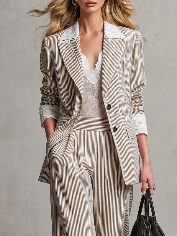 Vintage Lace Brown Striped Cotton-linen Blazer made by Oyrosy