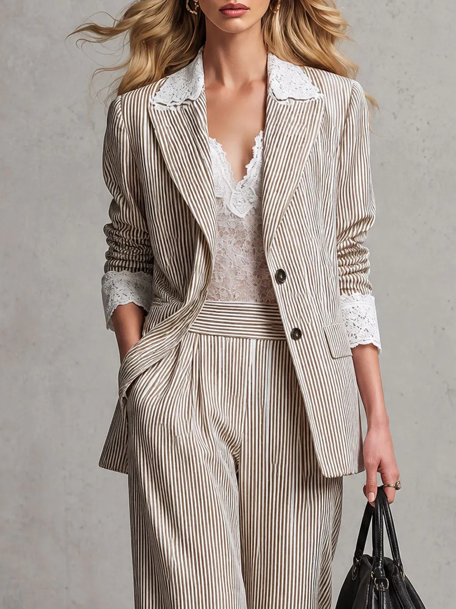 Vintage Lace Brown Striped Cotton-linen Blazer sold by Oyrosy