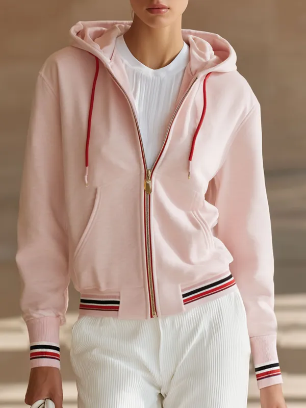 Casual Sports Colorful Striped Pink Cotton Hoodie made by Oyrosy