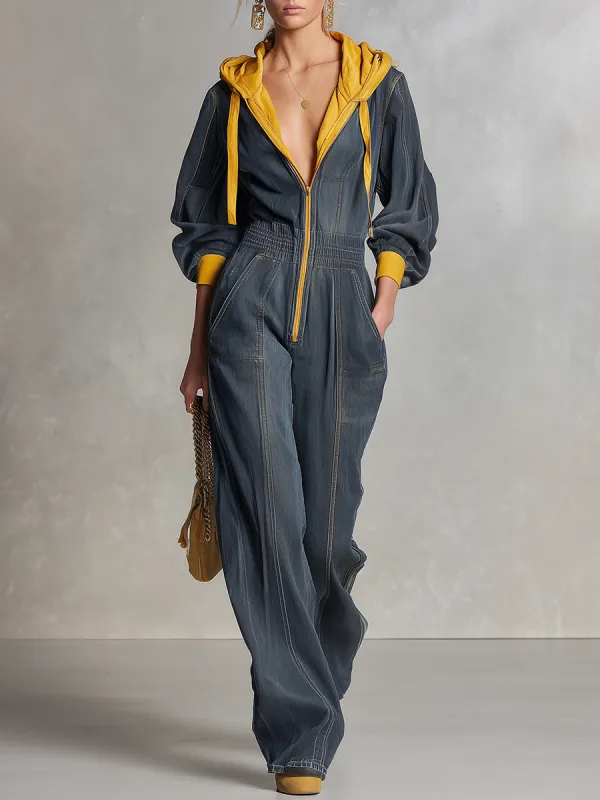Vintage Wash Denim Hooded Jumpsuit Women Wide Leg Zip Front Balloon Sleeve made by Oyrosy