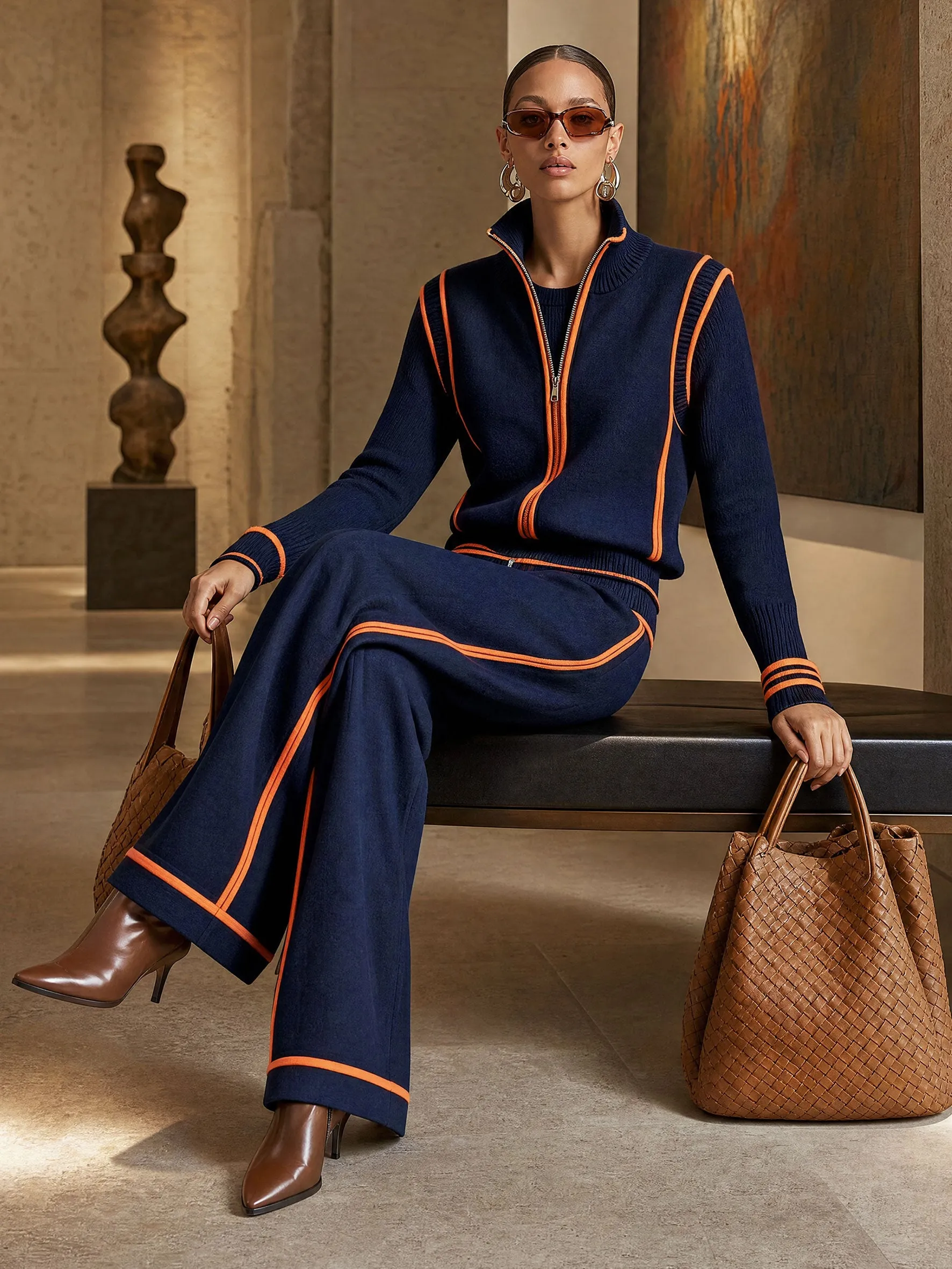 Casual Sporty Color-blocked Navy Blue Zip-up Sweatshirt And Wide-leg Pants Set sold by Oyrosy product image thumbnail 3